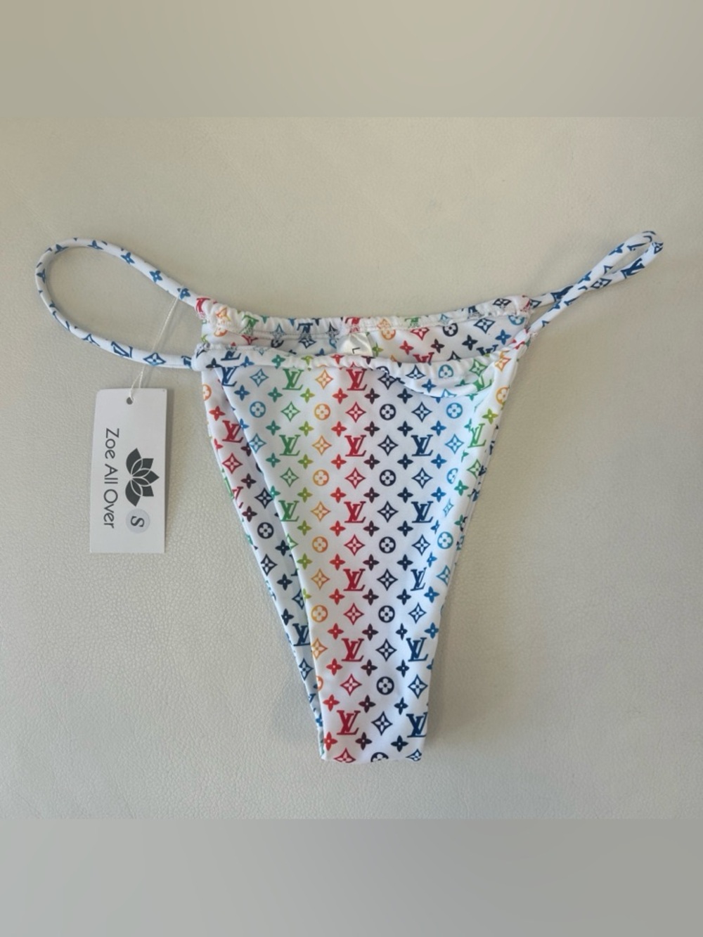 Zoe All Over Rainbow Monogram Logo White Bikini Bottom Size Large NWT